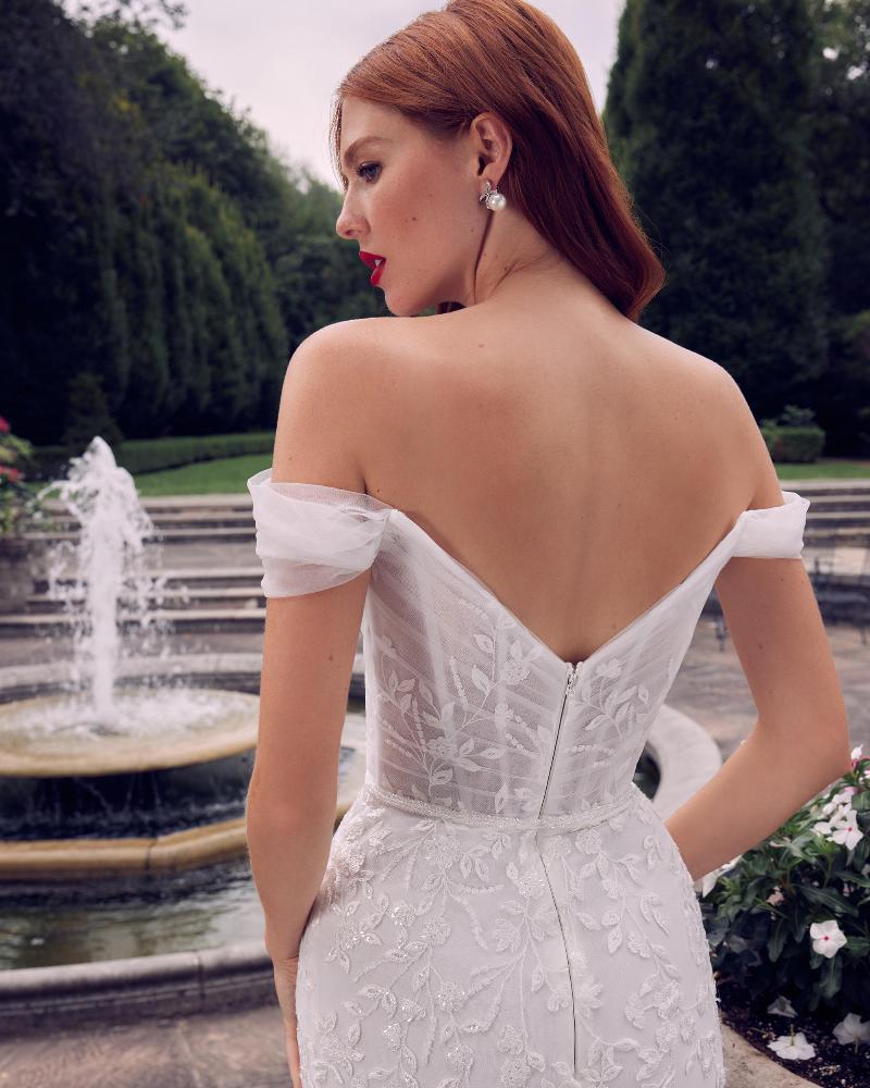 La22102 simple off the shoulder wedding dress with lace and sheath silhouette4